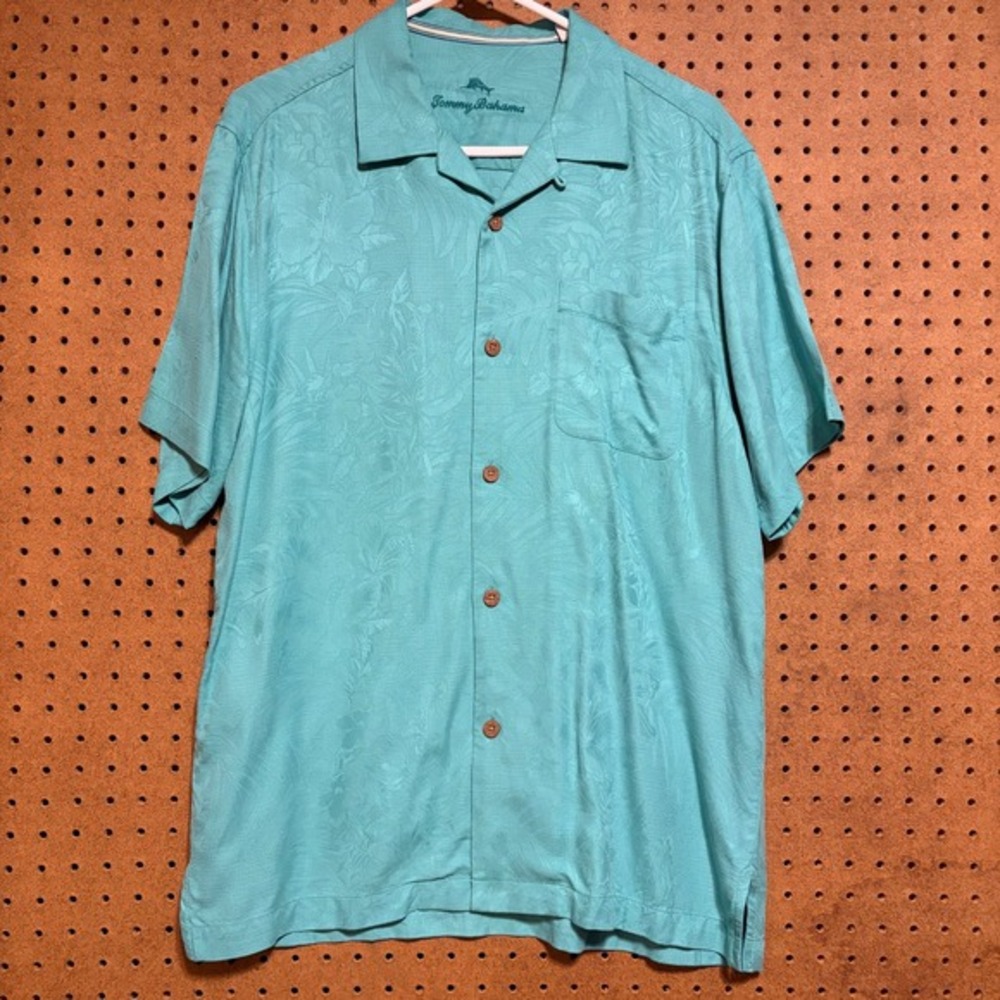 Tommy Bahama Mens Medium Silk Camp Shirt Teal Floral Jacquard Button‎ Up Resort